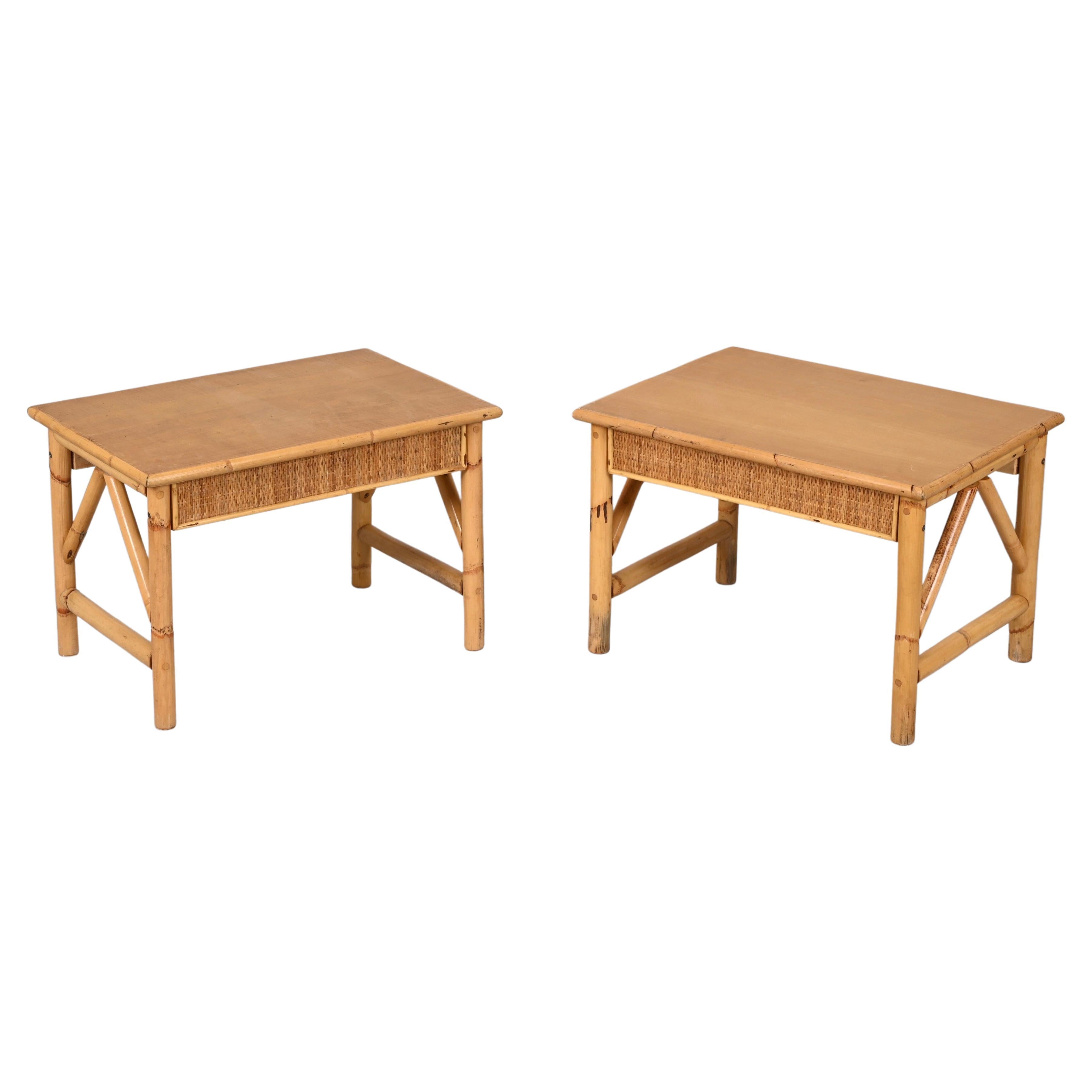 Pair of French Riviera Nightstands Tables in Rattan, Bamboo and Wood, Italy 1970