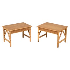 Pair of Mid-Century Modern Bamboo Rattan and Wood Italian Coffee Tables, 1980s