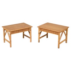 Vintage Pair of French Riviera Nightstands Tables in Rattan, Bamboo and Wood, Italy 1970