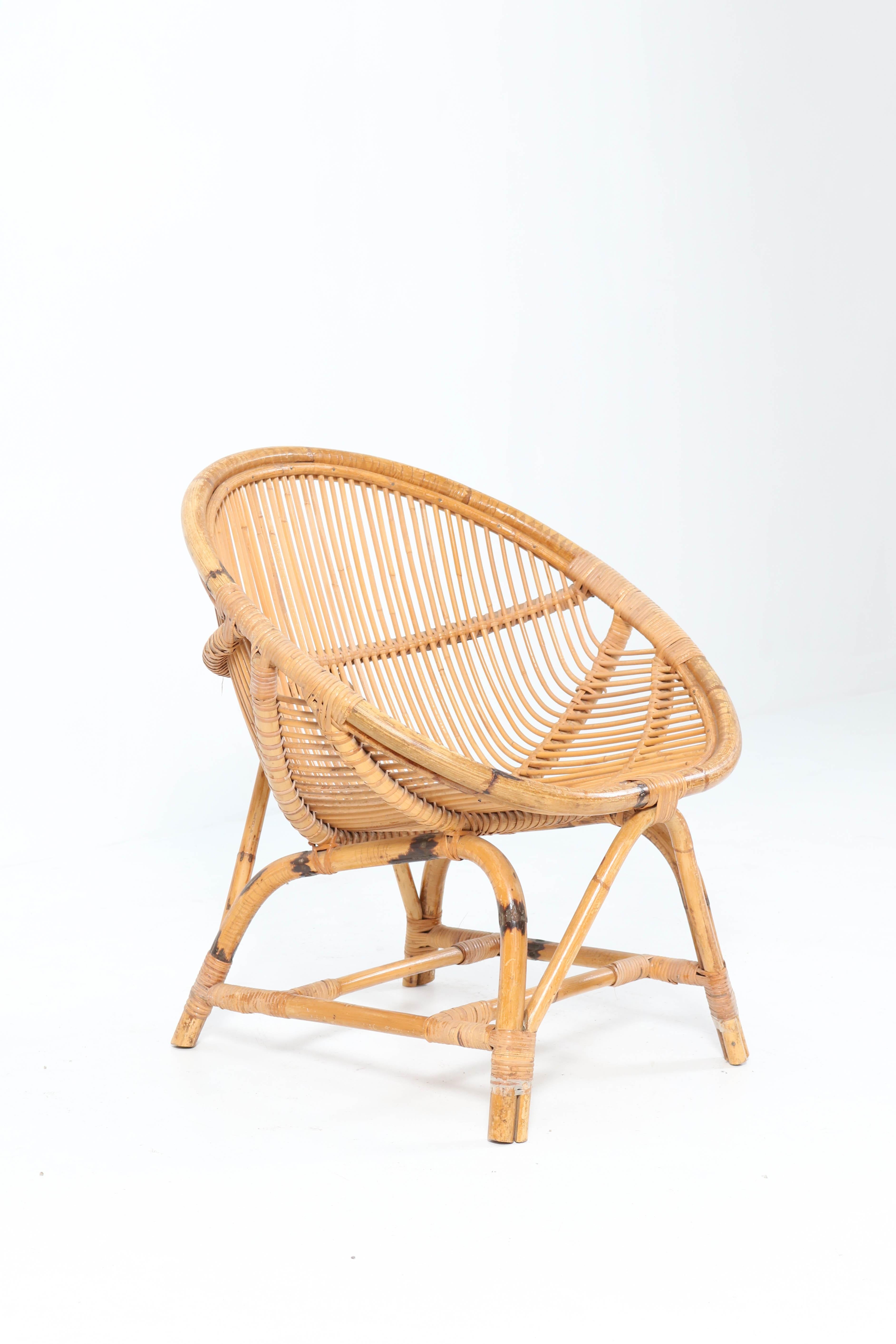 Pair of Mid-Century Modern Bamboo Rattan Lounge Chairs, 1950s 3
