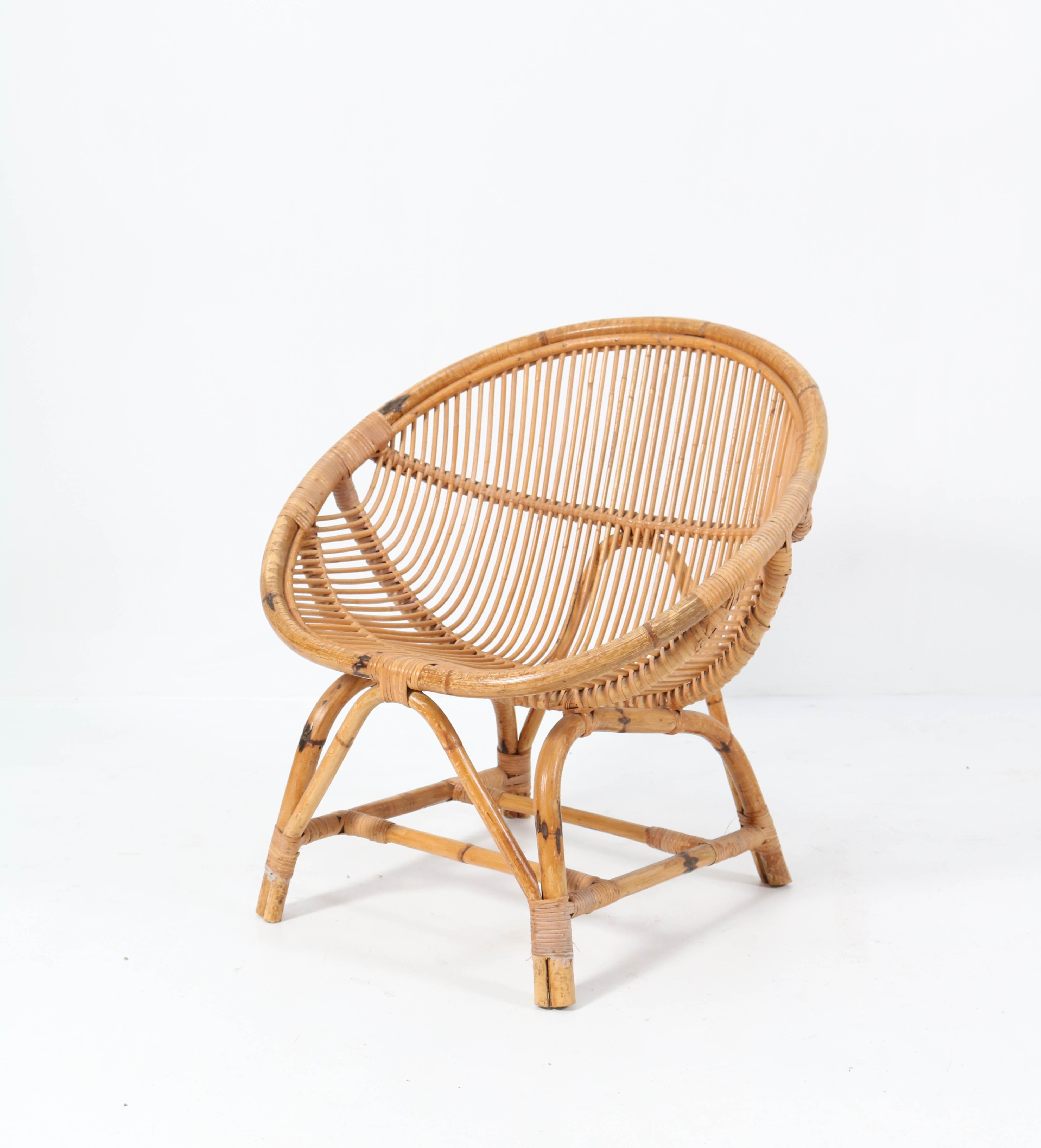French Pair of Mid-Century Modern Bamboo Rattan Lounge Chairs, 1950s