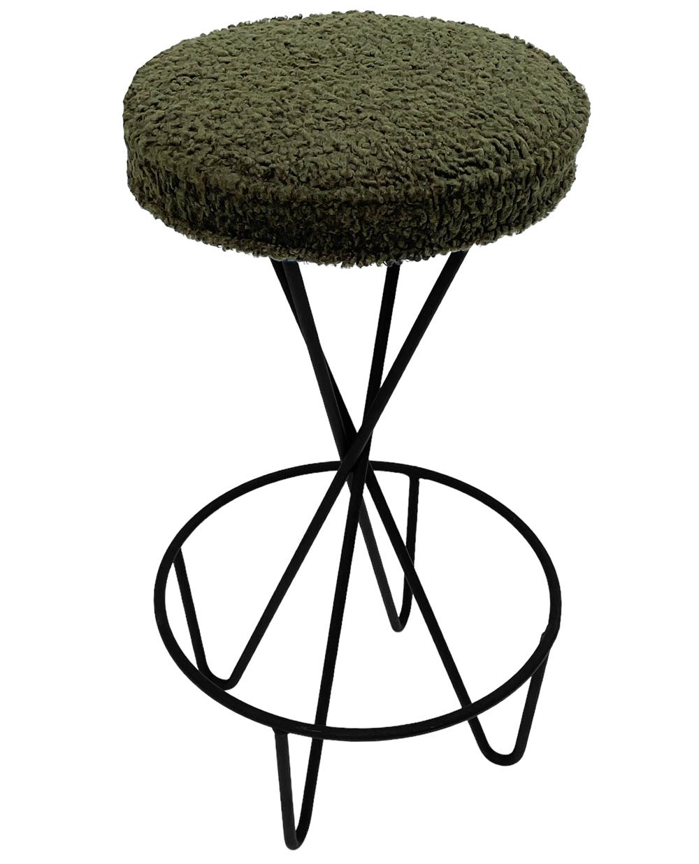 Funky 1950's iron bar stool by Frederic Weinberg. Excellent condition.Seats were recovered in pea green boucle. 