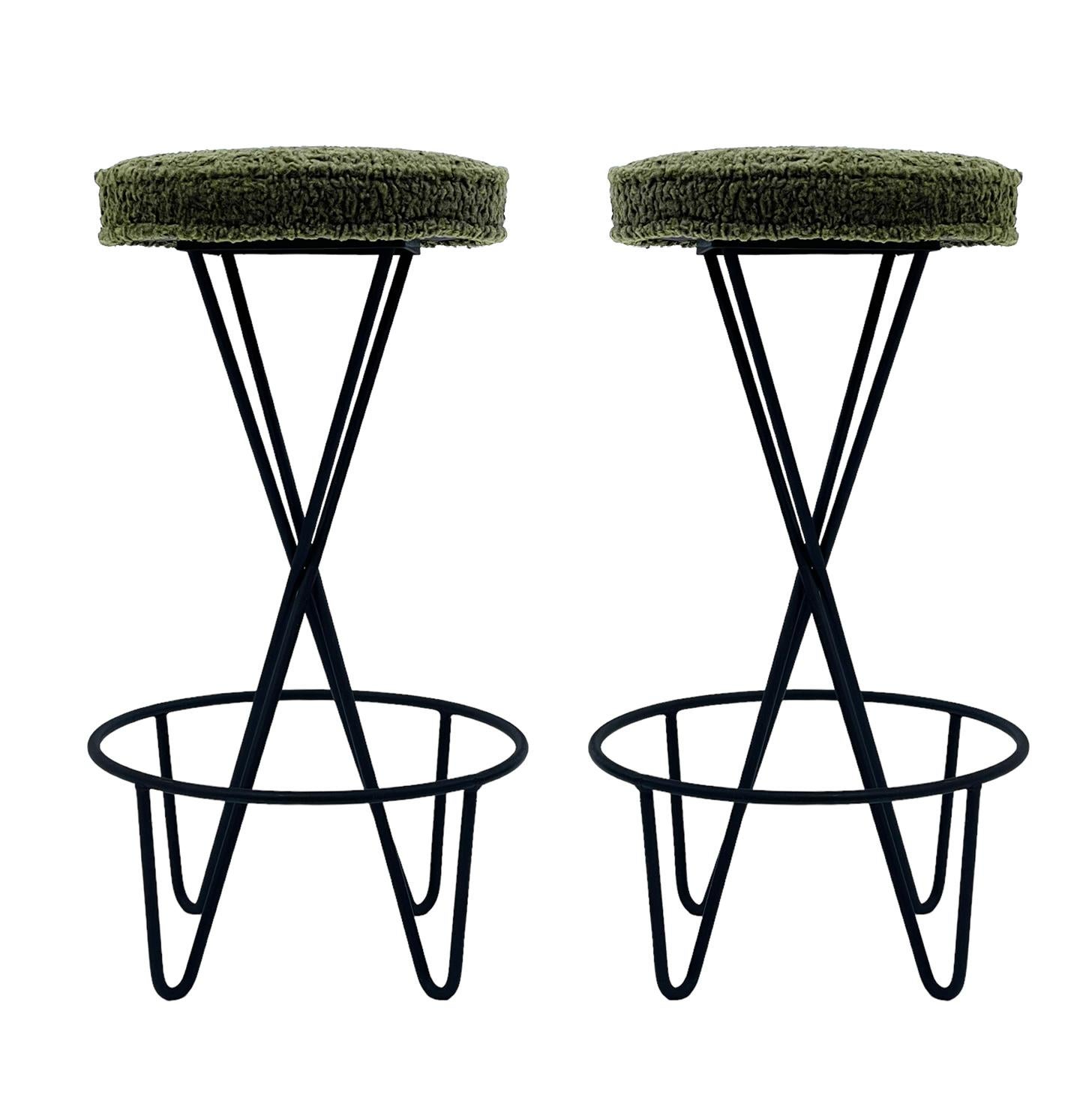 Mid-20th Century Pair of Mid Century Modern Bar Stools by Frederic Weinberg in Black Iron For Sale
