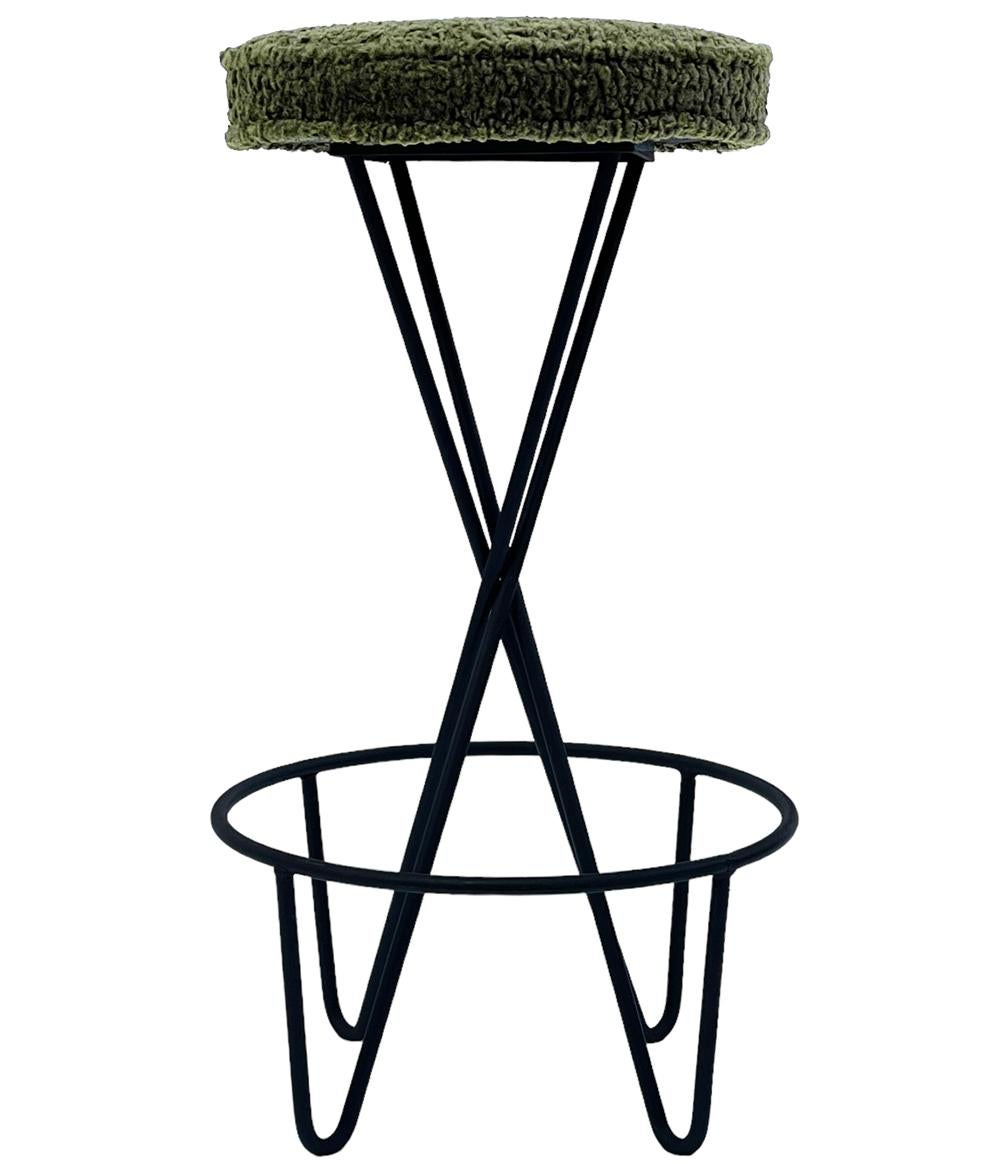 Fabric Pair of Mid Century Modern Bar Stools by Frederic Weinberg in Black Iron For Sale