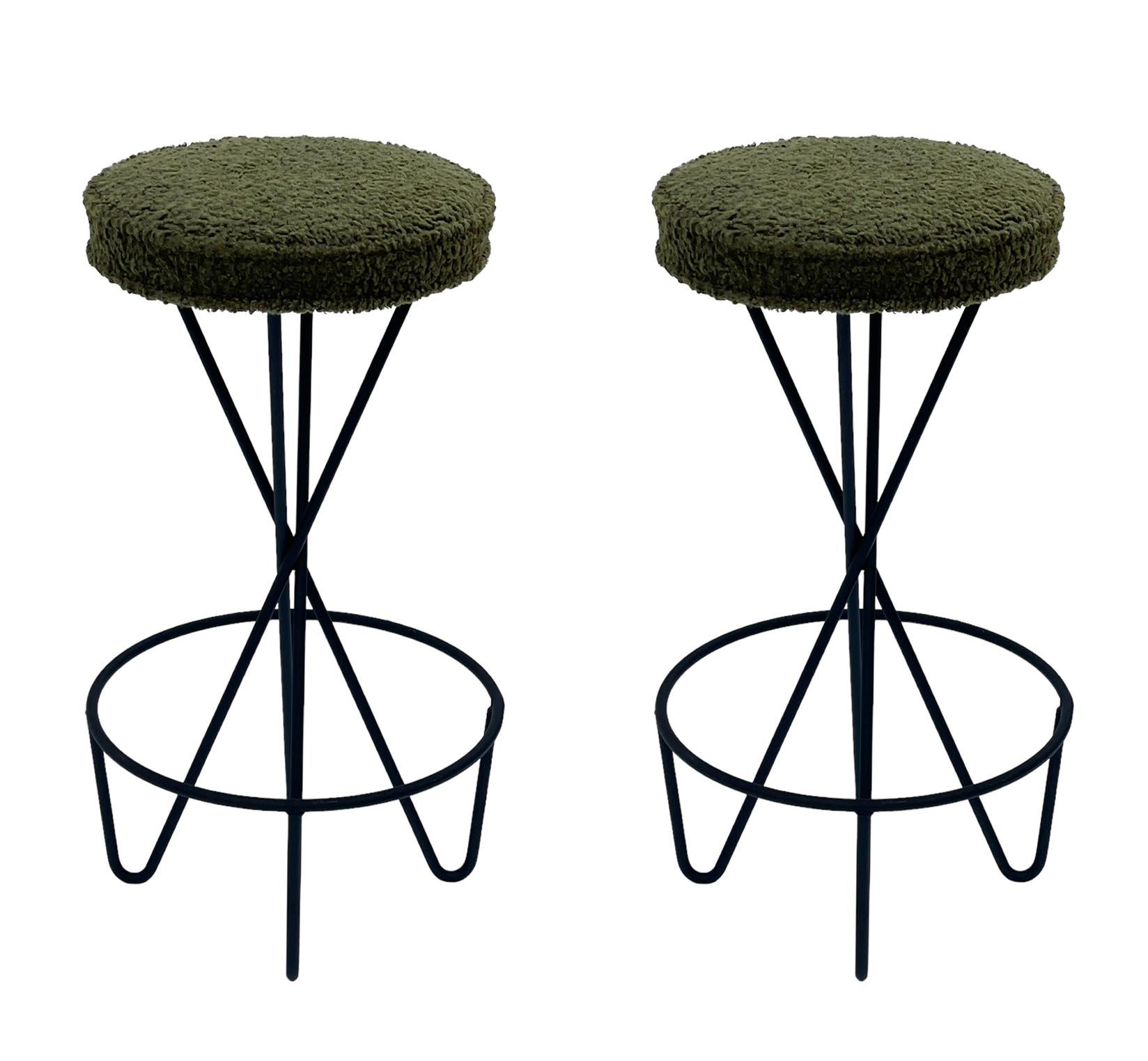 Pair of Mid Century Modern Bar Stools by Frederic Weinberg in Black Iron For Sale 1