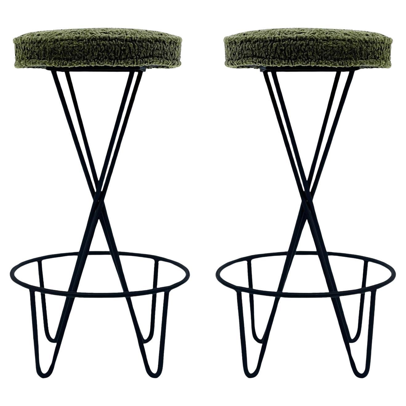 Pair of Mid Century Modern Bar Stools by Frederic Weinberg in Black Iron