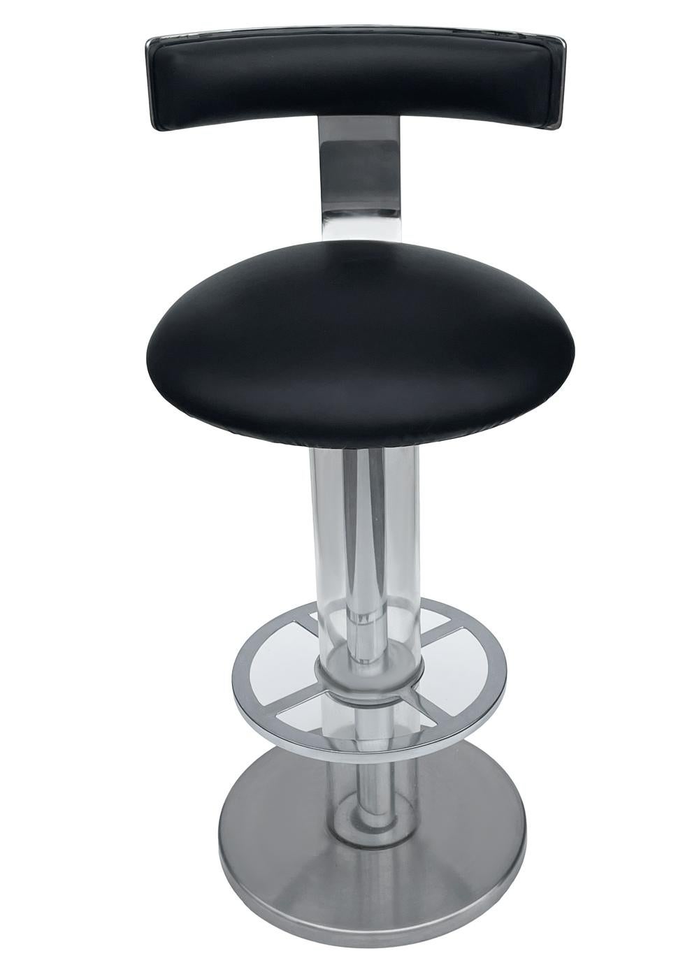 Leather Pair of Mid-Century Modern Bar Stools in Chrome & Black by Design For Leisure