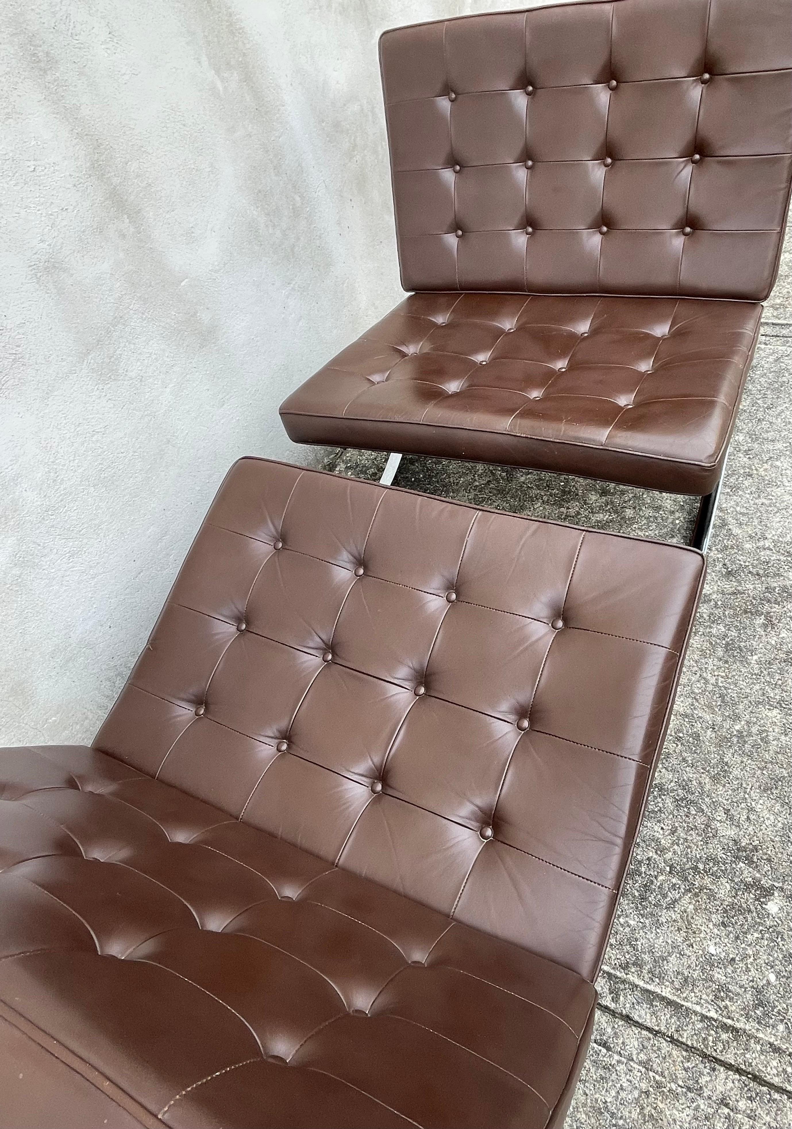 Steel Pair of Mid-Century Modern Barcelona Chairs in Brown Leather, 1970's Generation For Sale