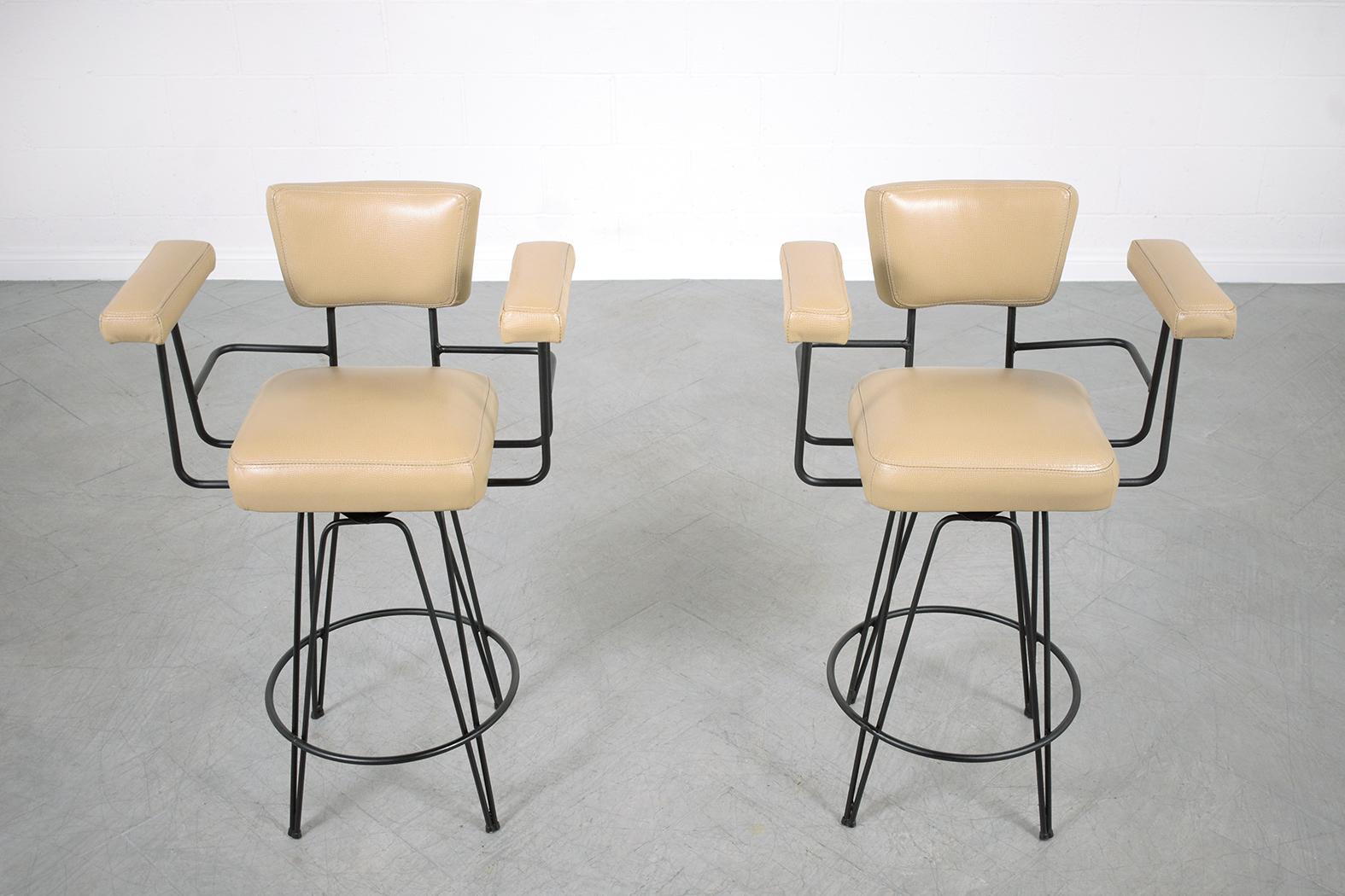 Patinated Restored 1970s Mid-Century Modern Swivel Barstools in Beige Leather For Sale