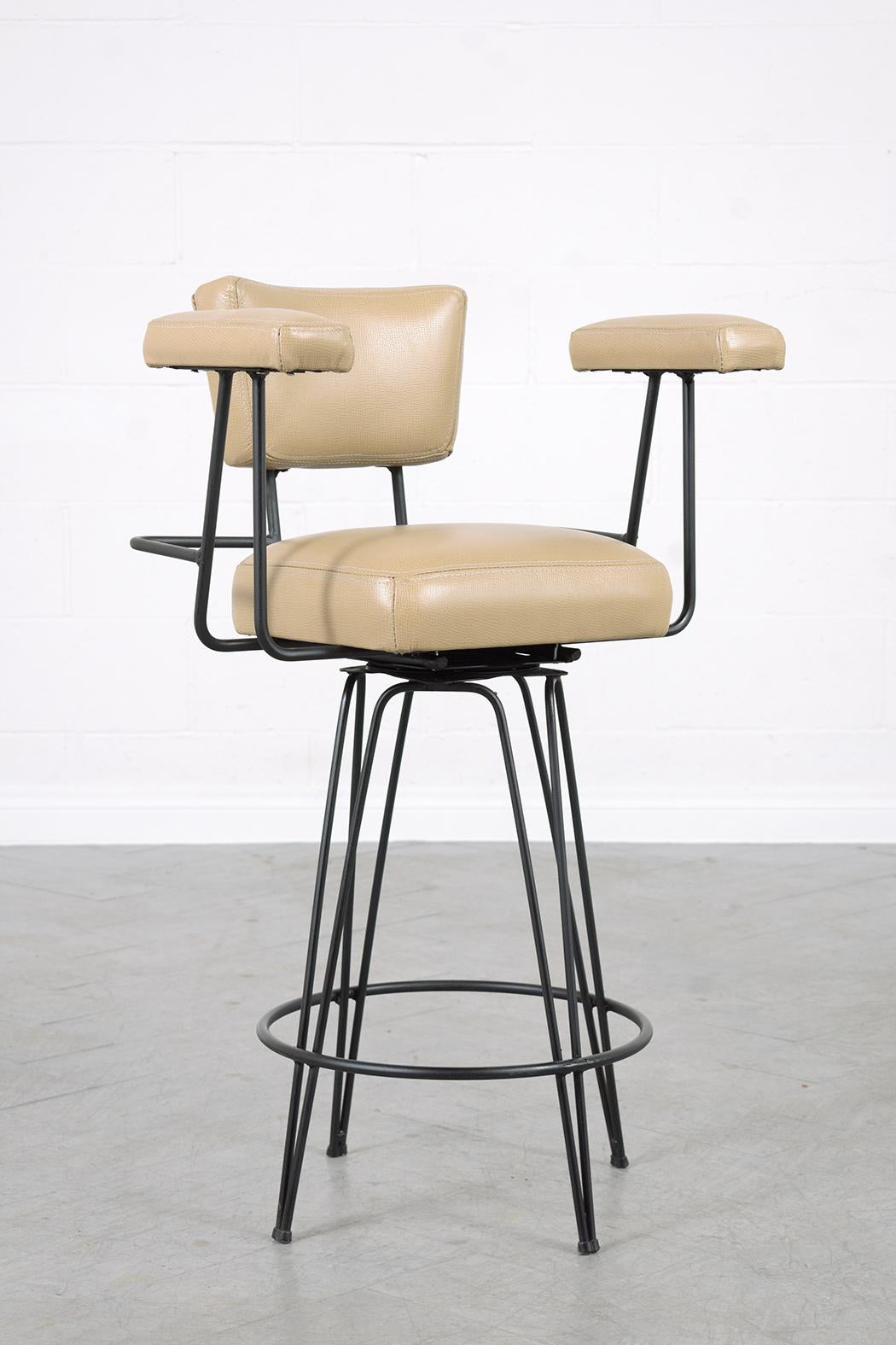 Restored 1970s Mid-Century Modern Swivel Barstools in Beige Leather For Sale 1