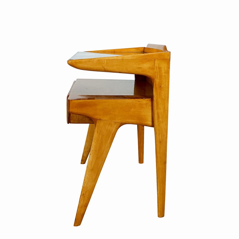 Pair of MidCentury Modern Bedside Tables in Solid Maple and Glass
