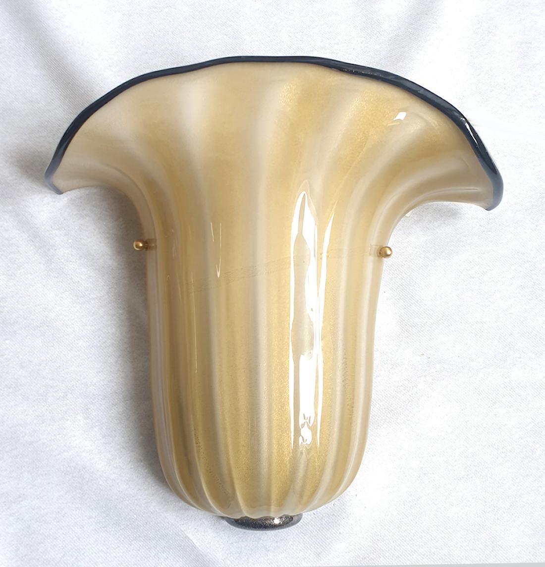 Brass Pair of Mid-Century Modern Beige Murano Glass Sconces, Seguso Style, Italy 1970s