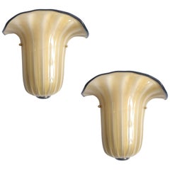 Pair of Mid-Century Modern Beige Murano Glass Sconces, Seguso Style, Italy 1970s