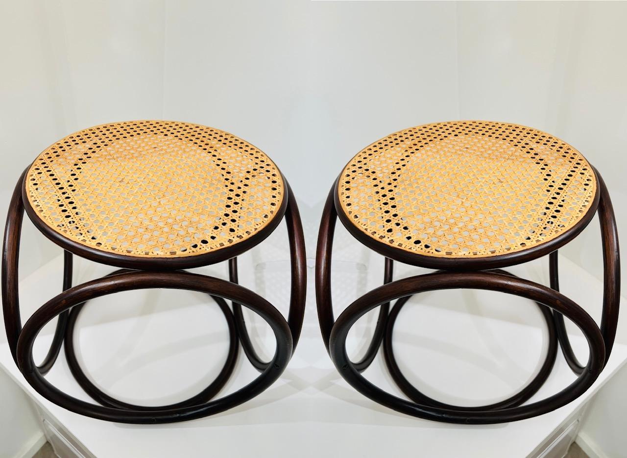 Austrian Pair of Mid-Century Modern Bentwood and Cane Minimalist Side Tables