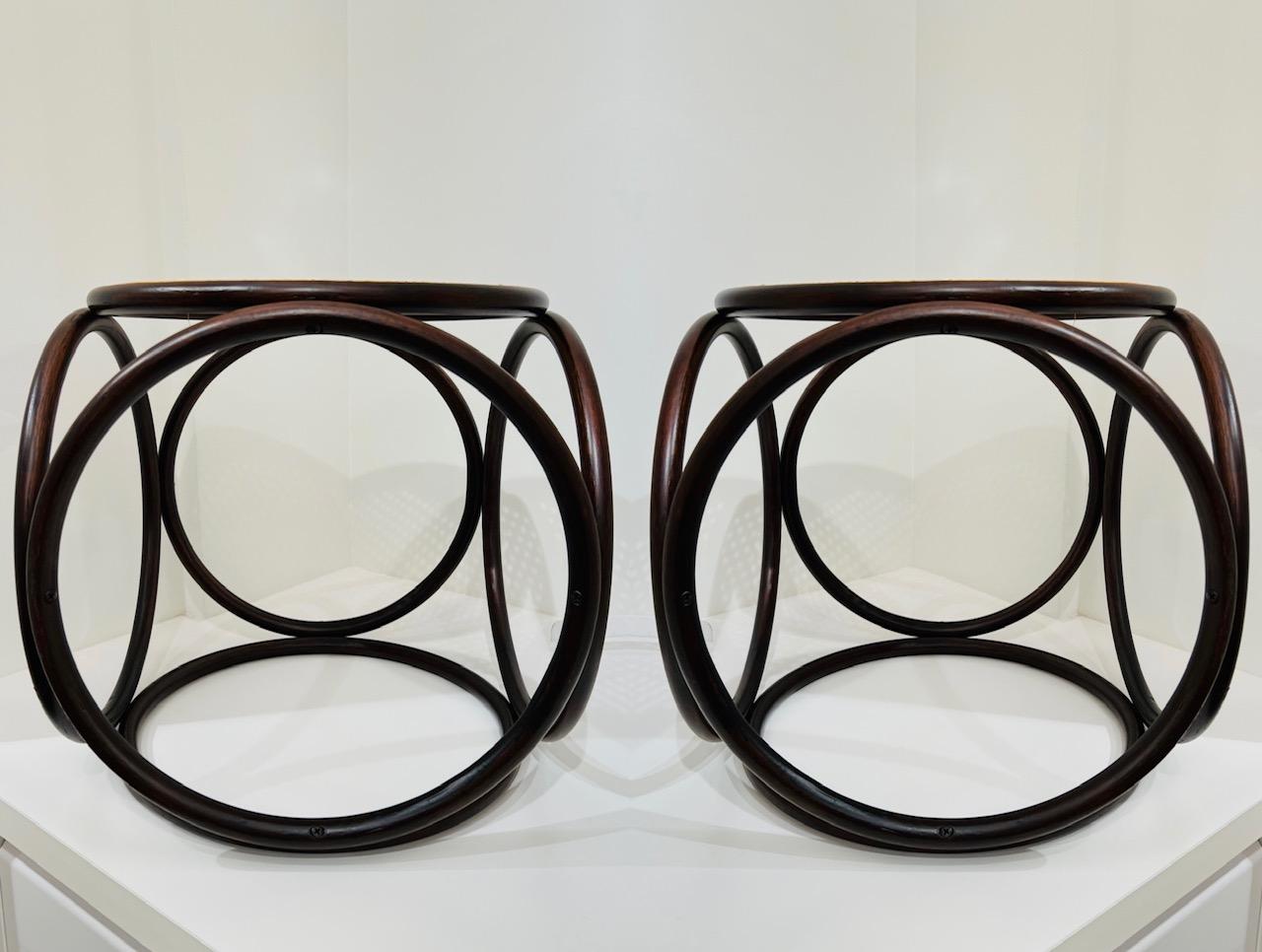 Hand-Crafted Pair of Mid-Century Modern Bentwood and Cane Minimalist Side Tables