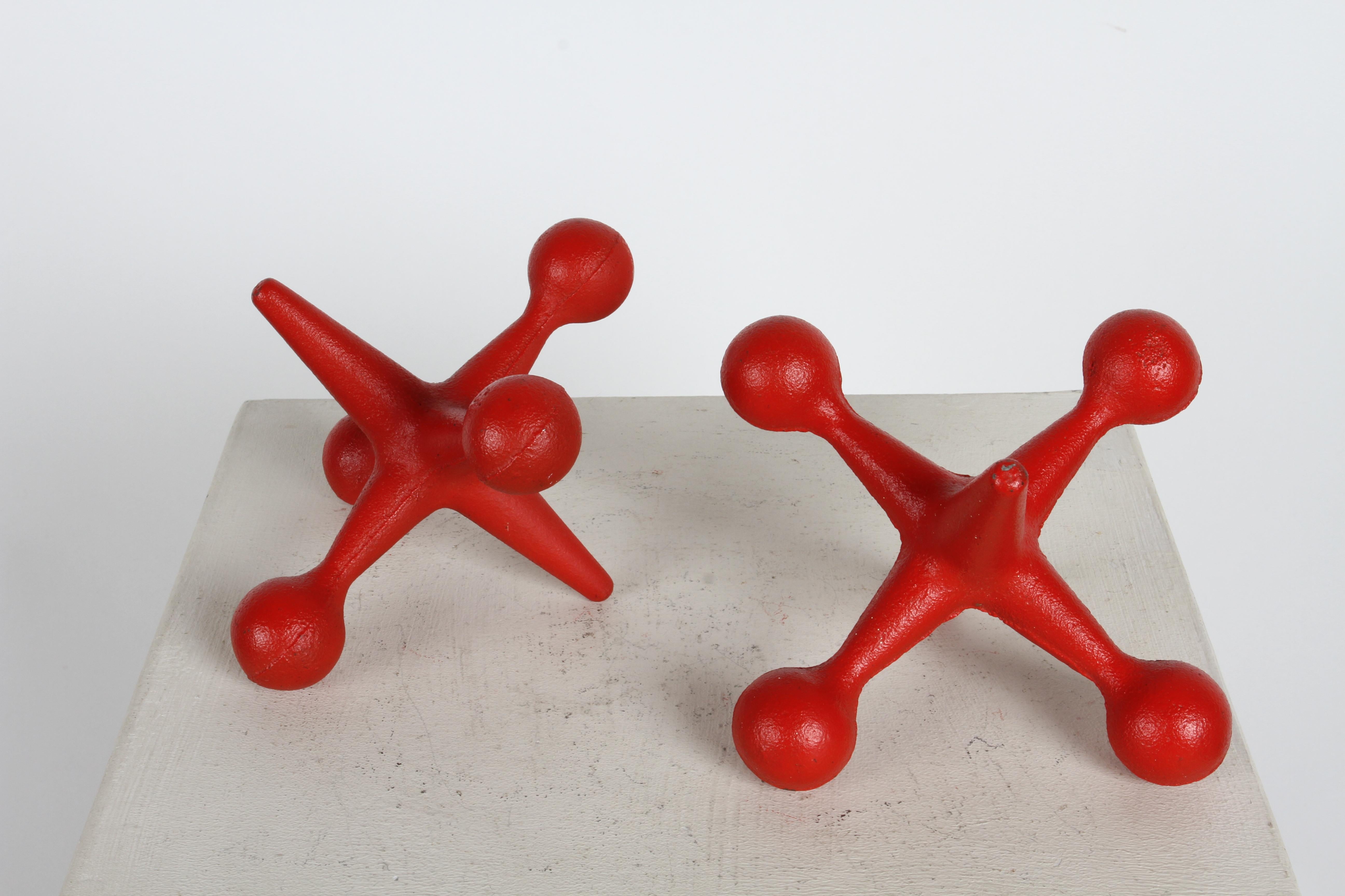 Chrome Pair of Mid-Century Modern Bill Curry Design Line POP Red Color Jacks Bookends  For Sale