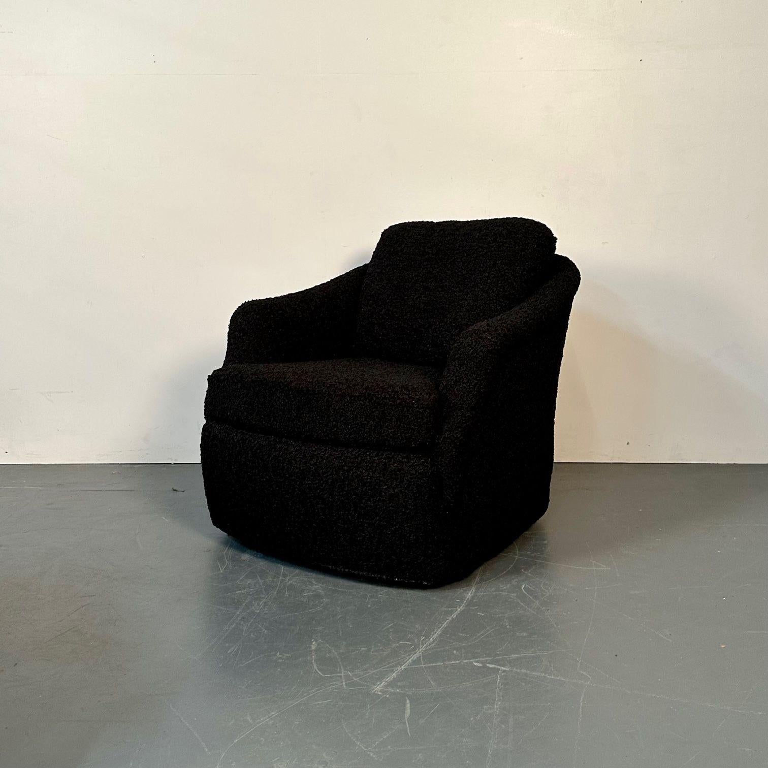 Pair of Mid-Century Modern Black Bouclé Tub / Swivel / Lounge Chairs, Faux Fur For Sale 5