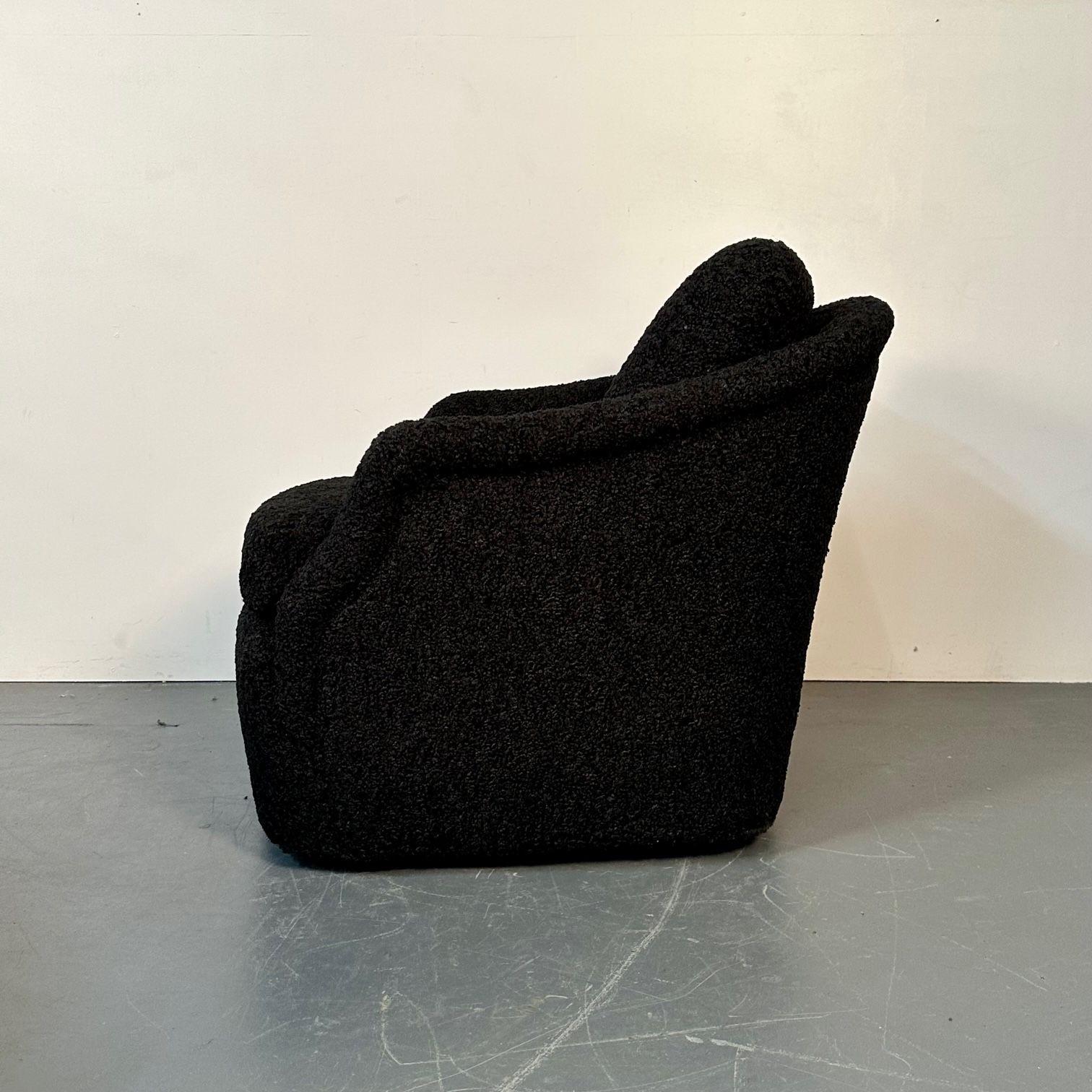 Pair of Mid-Century Modern Black Bouclé Tub / Swivel / Lounge Chairs, Faux Fur For Sale 6