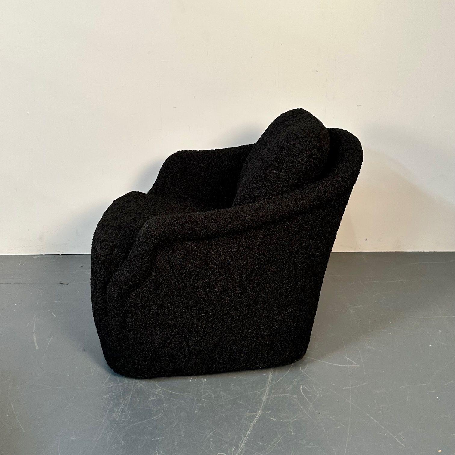 Pair of Mid-Century Modern Black Bouclé Tub / Swivel / Lounge Chairs, Faux Fur For Sale 7