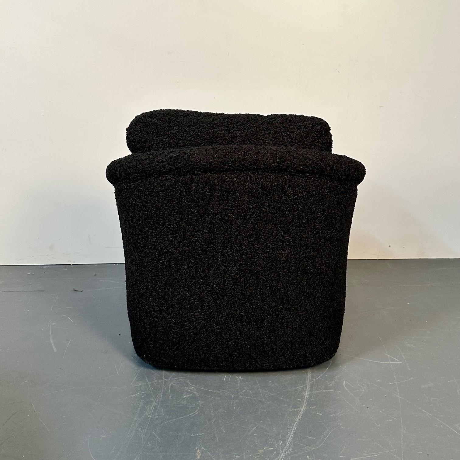 Pair of Mid-Century Modern Black Bouclé Tub / Swivel / Lounge Chairs, Faux Fur For Sale 8