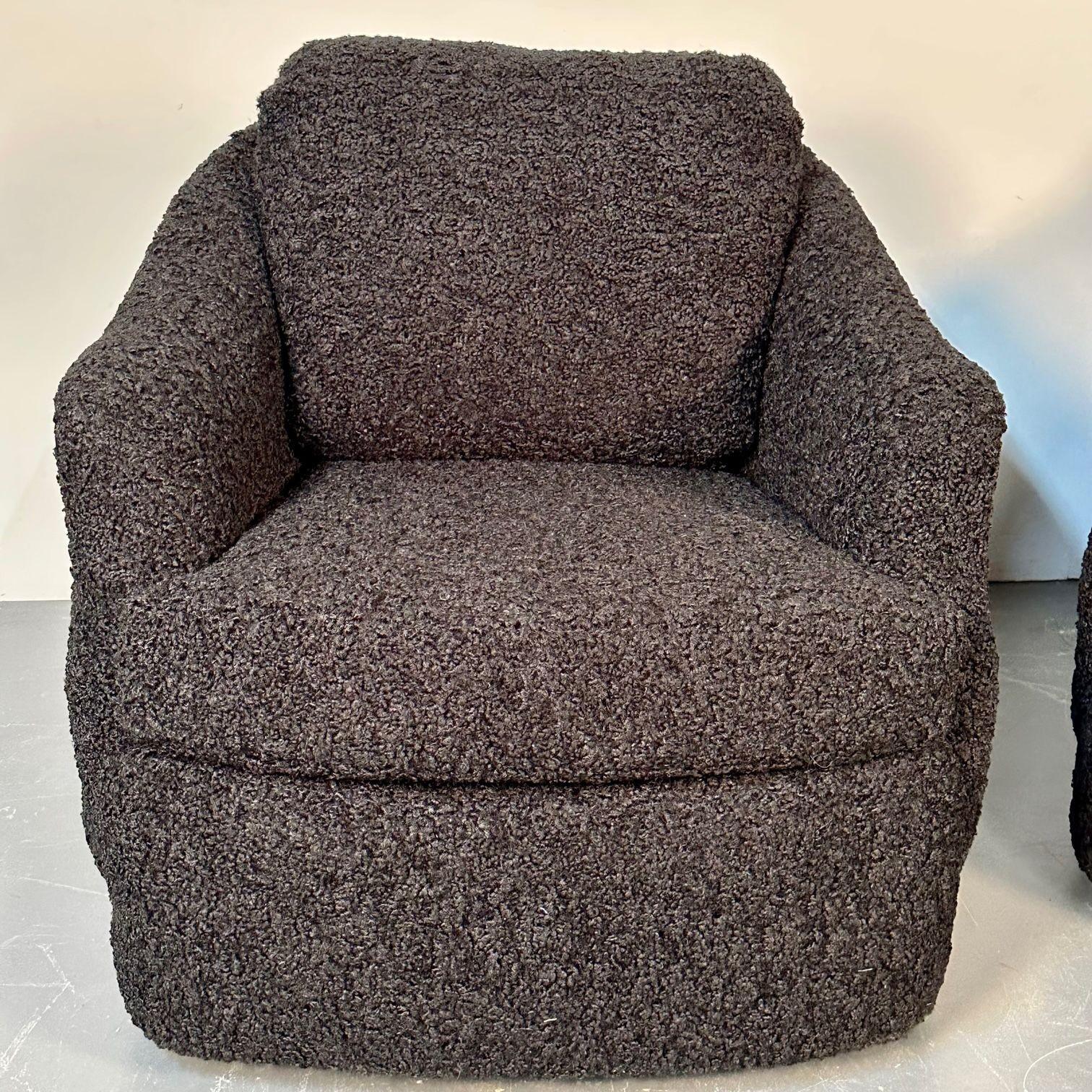 Pair of Mid-Century Modern Black Bouclé Tub / Swivel / Lounge Chairs, Faux Fur For Sale 9