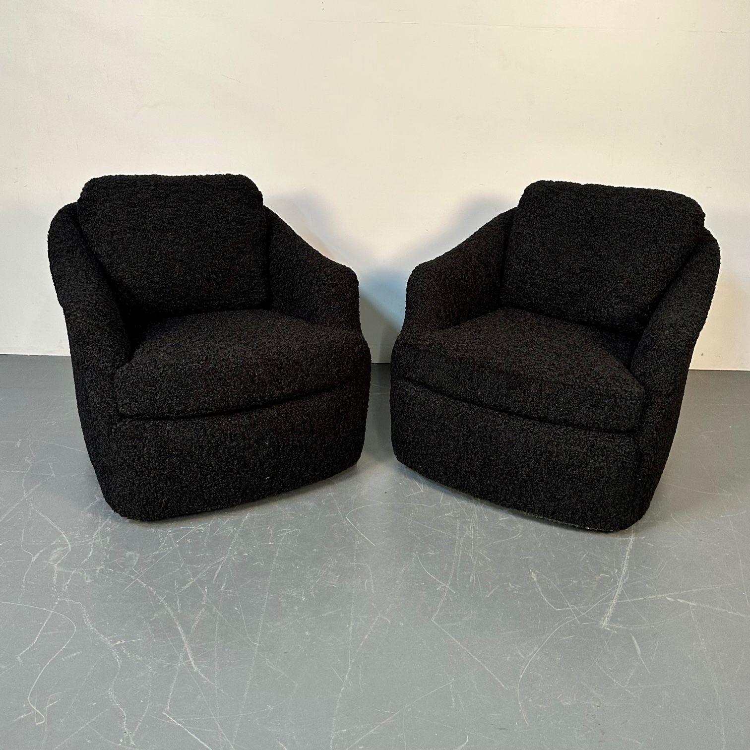 American Pair of Mid-Century Modern Black Bouclé Tub / Swivel / Lounge Chairs, Faux Fur For Sale