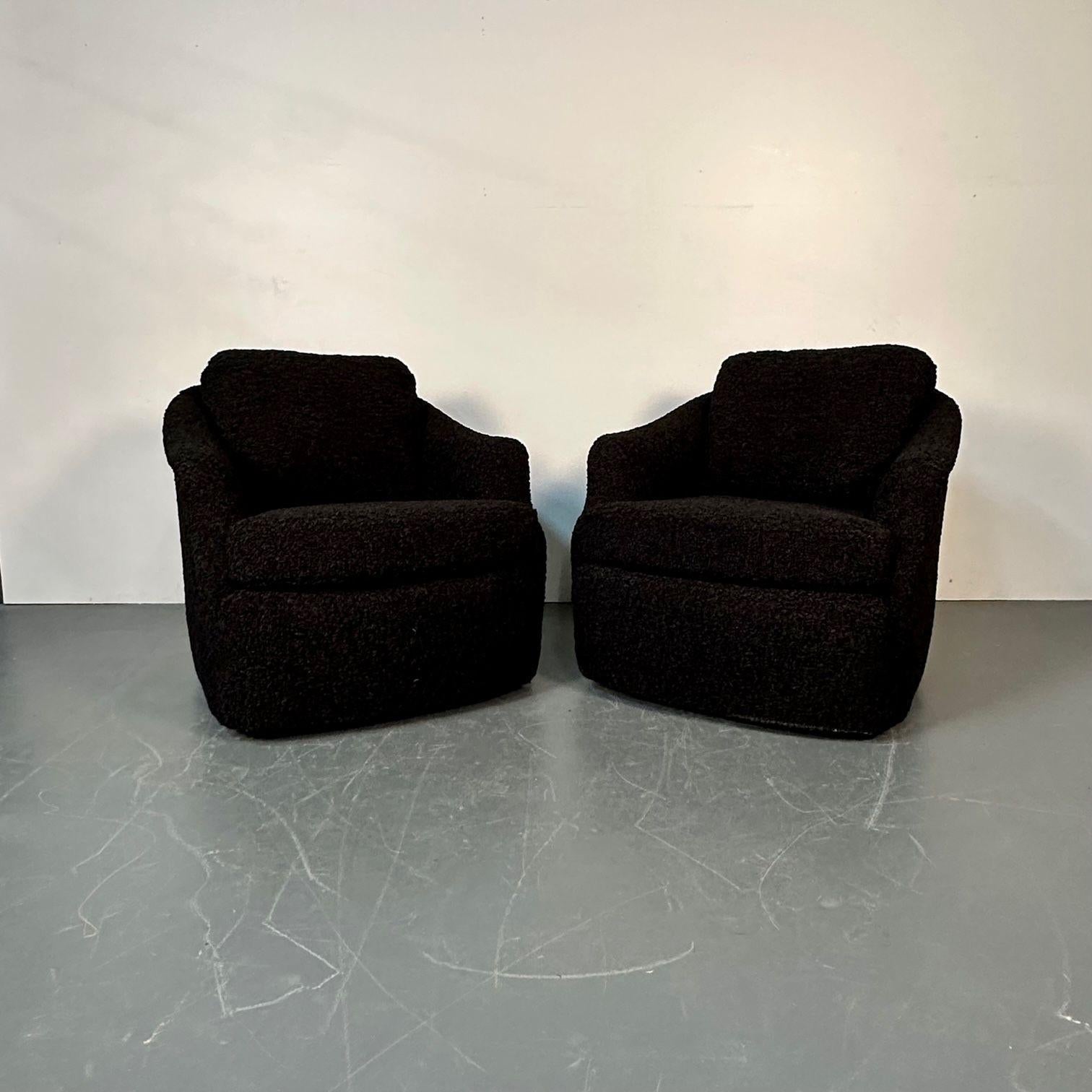Pair of Mid-Century Modern Black Bouclé Tub / Swivel / Lounge Chairs, Faux Fur In Good Condition For Sale In Stamford, CT