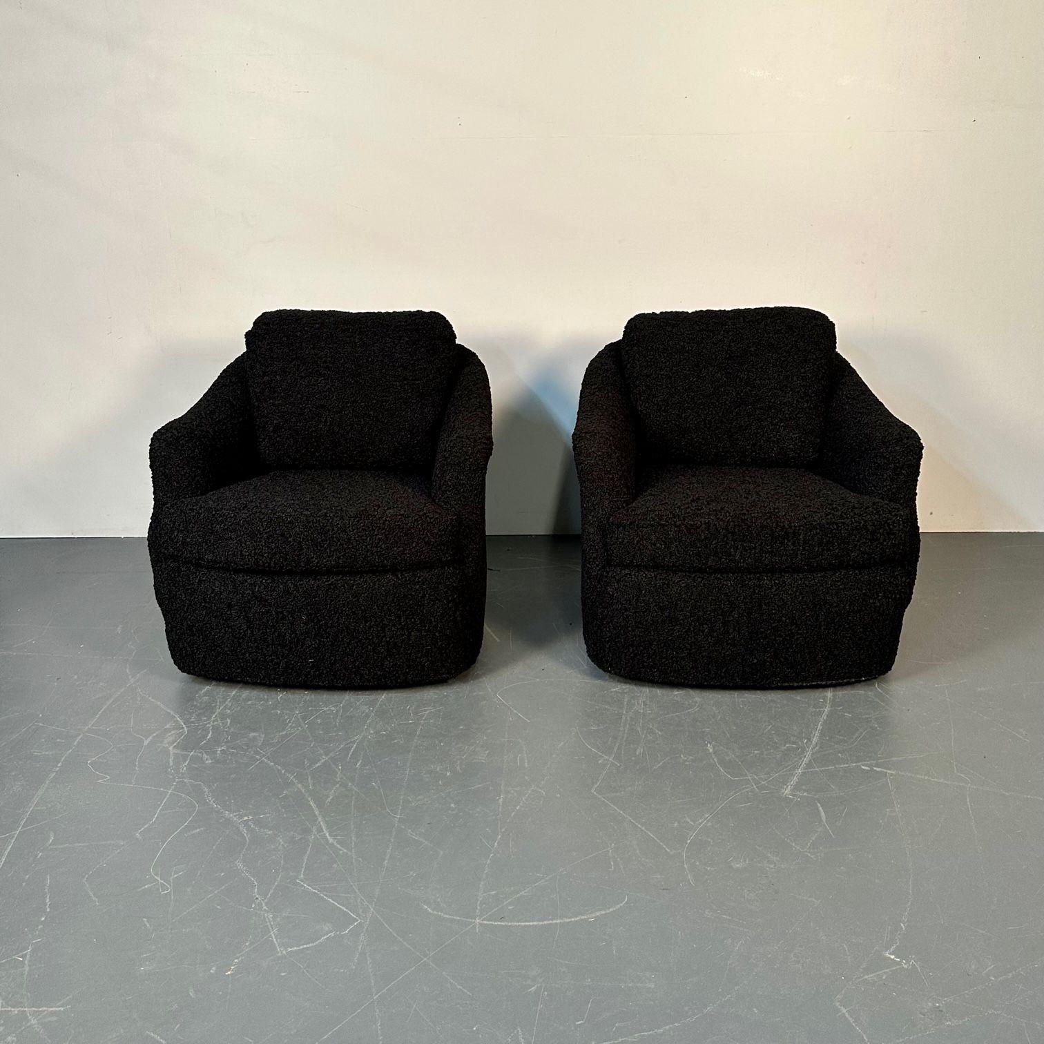 Late 20th Century Pair of Mid-Century Modern Black Bouclé Tub / Swivel / Lounge Chairs, Faux Fur For Sale