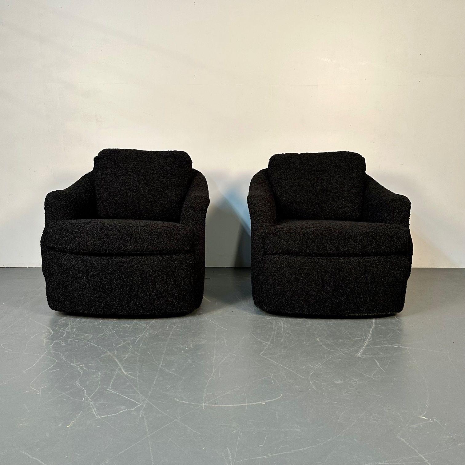 Pair of Mid-Century Modern Black Bouclé Tub / Swivel / Lounge Chairs, Faux Fur For Sale 1