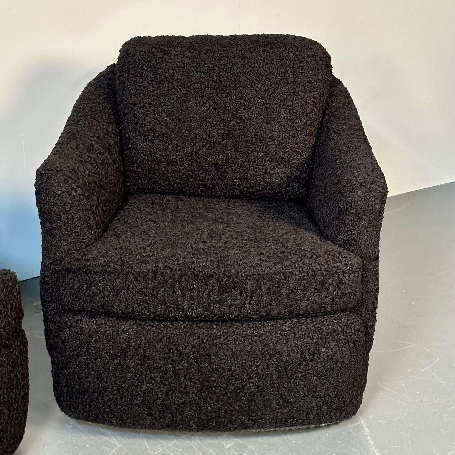 Pair of Mid-Century Modern Black Bouclé Tub / Swivel / Lounge Chairs, Faux Fur For Sale 2