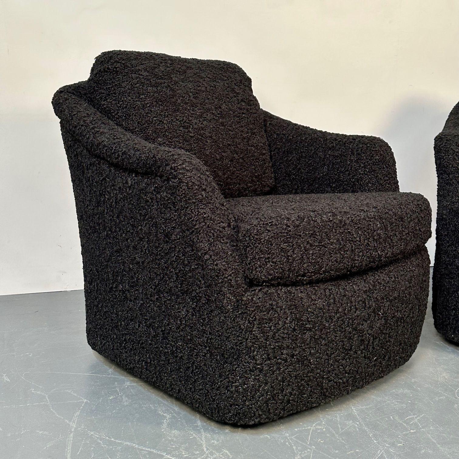 Pair of Mid-Century Modern Black Bouclé Tub / Swivel / Lounge Chairs, Faux Fur For Sale 3