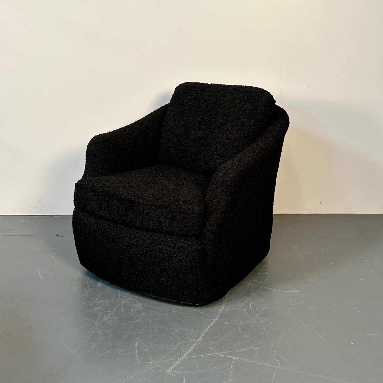 Pair of Mid-Century Modern Black Bouclé Tub / Swivel / Lounge Chairs, Faux Fur For Sale 4