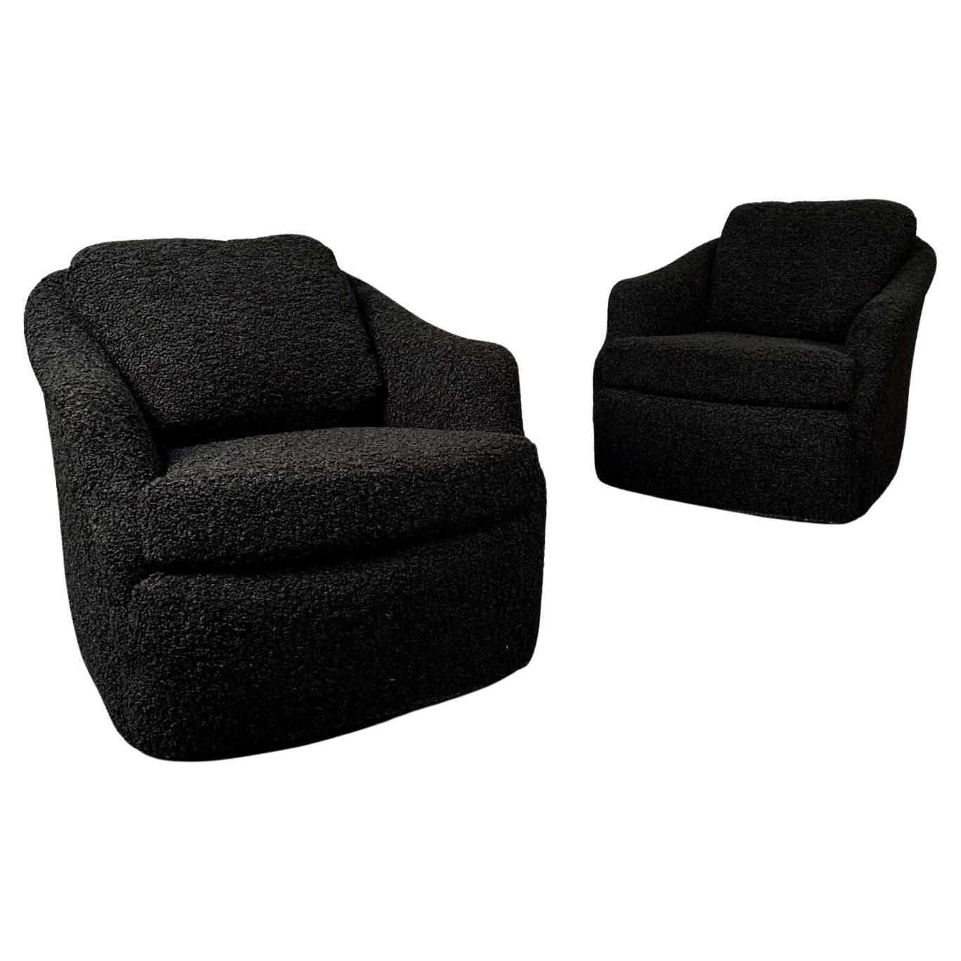 Pair of Mid-Century Modern Black Bouclé Tub / Swivel / Lounge Chairs, Faux Fur