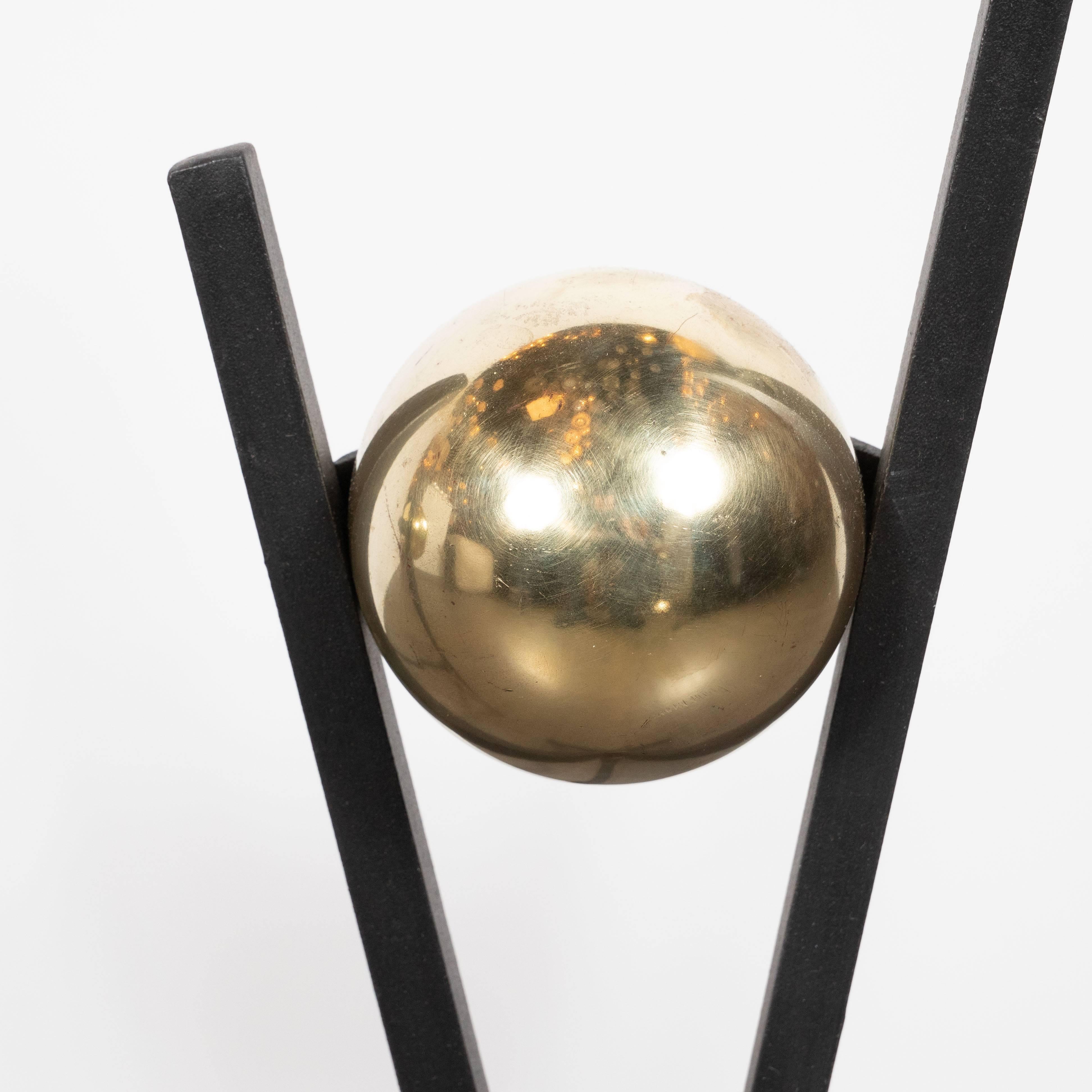 American Pair of Mid-Century Modern Black Enamel and Brass Andirons by Donald Deskey