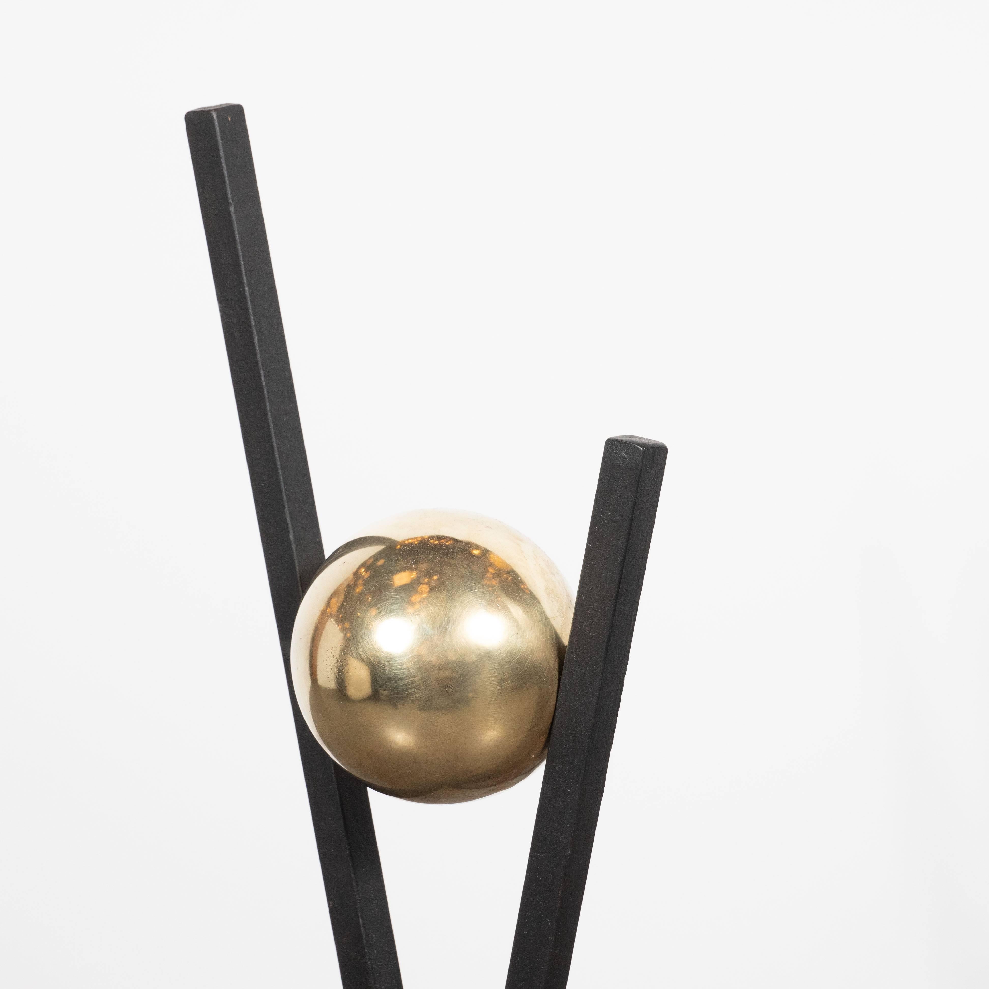 Mid-20th Century Pair of Mid-Century Modern Black Enamel and Brass Andirons by Donald Deskey