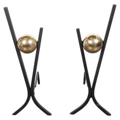 Pair of Mid-Century Modern Black Enamel and Brass Andirons by Donald Deskey