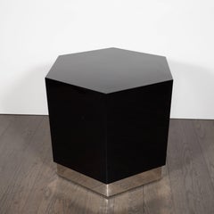 Pair of Mid-Century Modern Black Lacquer and Chrome Hexagonal Side Tables