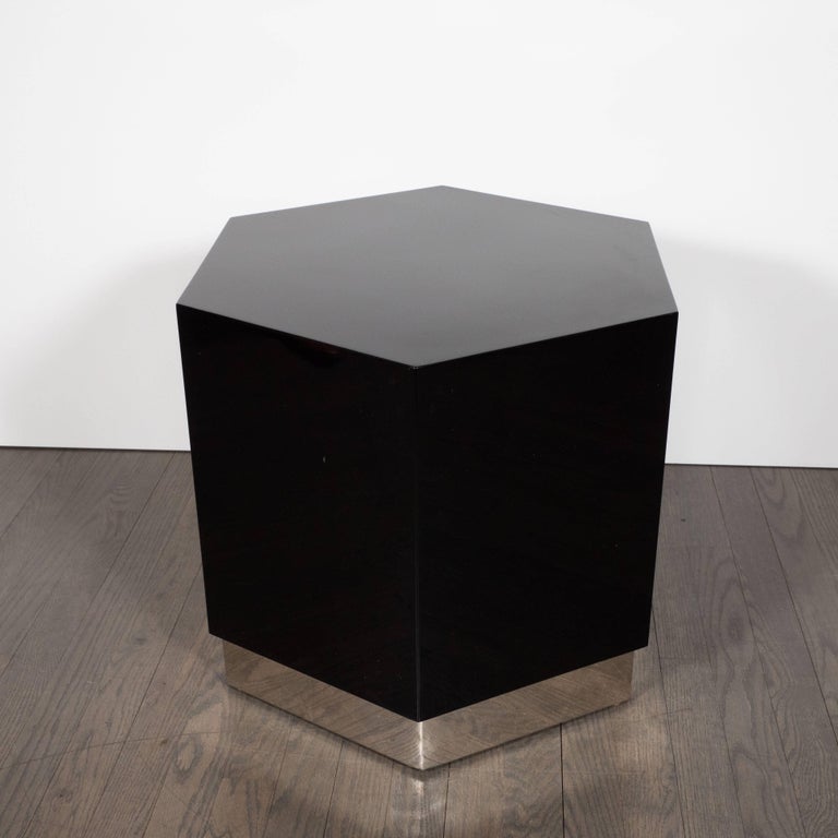 Pair Of Mid Century Modern Black Lacquer And Chrome Hexagonal Side This Graphic And Understated Pair Of Mid Century Modern Side Tables Were Realized In The