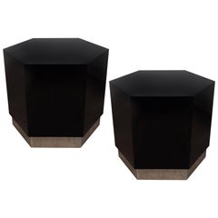 Pair of Mid-Century Modern Black Lacquer and Chrome Hexagonal Side Tables