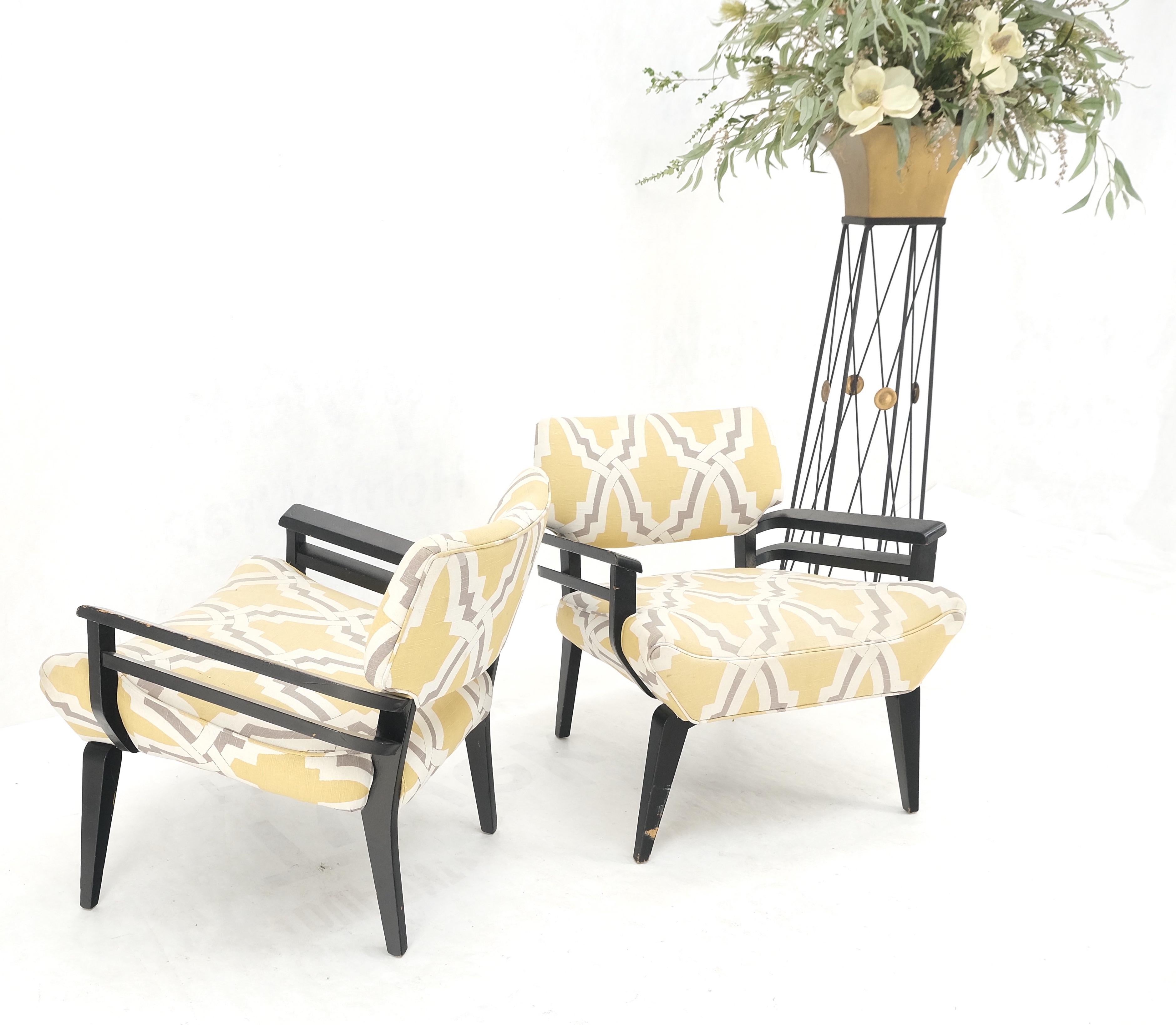 American Pair of Mid-Century Modern Black Lacquer Abstract Fabric Lounge Chairs AS IS For Sale