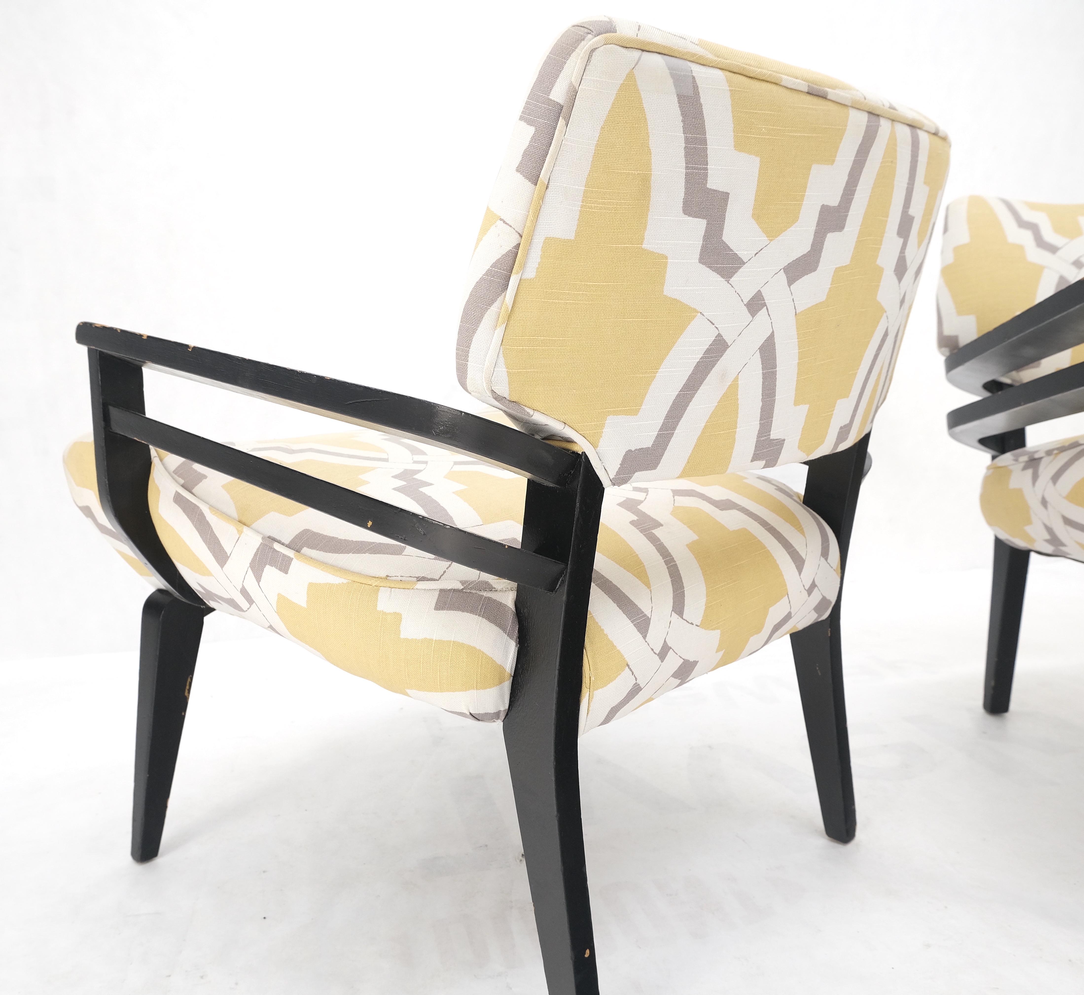 Pair of Mid-Century Modern Black Lacquer Abstract Fabric Lounge Chairs AS IS In Good Condition For Sale In Rockaway, NJ