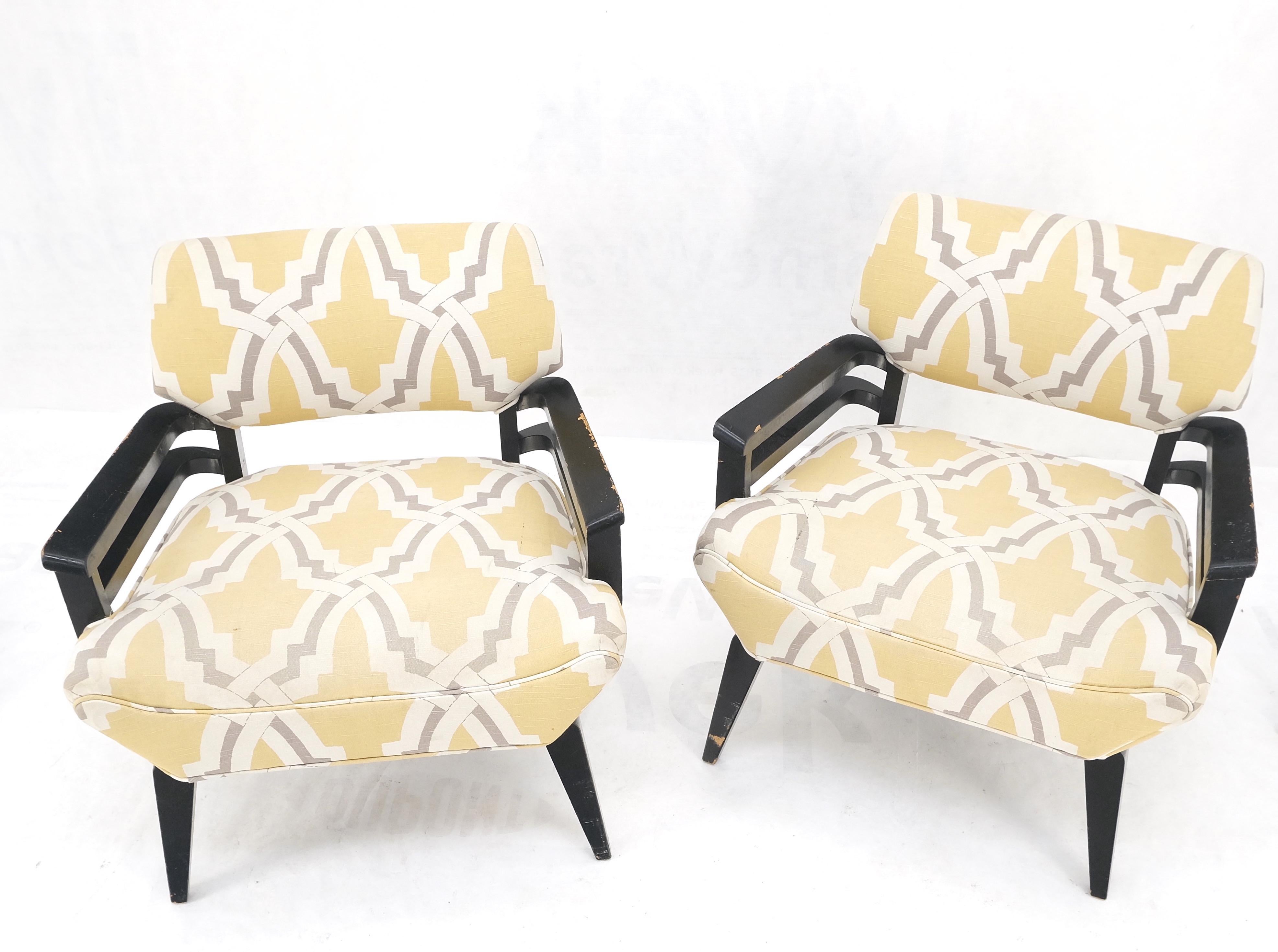 20th Century Pair of Mid-Century Modern Black Lacquer Abstract Fabric Lounge Chairs AS IS For Sale
