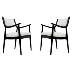 Pair of Mid-Century Modern Black Lacquer Danish Modern Style Armchairs in White