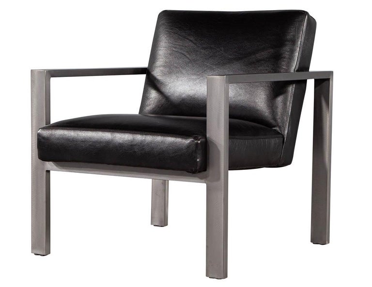 Pair of Mid-Century Modern Black Leather Metal Lounge Chairs with Ottomans For Sale 6