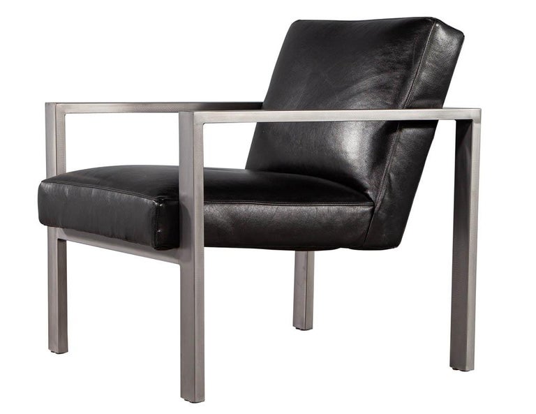 Pair of Mid-Century Modern Black Leather Metal Lounge Chairs with Ottomans For Sale 7