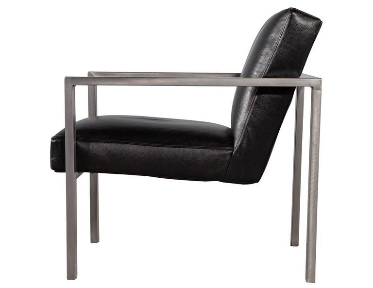 Pair of Mid-Century Modern Black Leather Metal Lounge Chairs with Ottomans For Sale 8