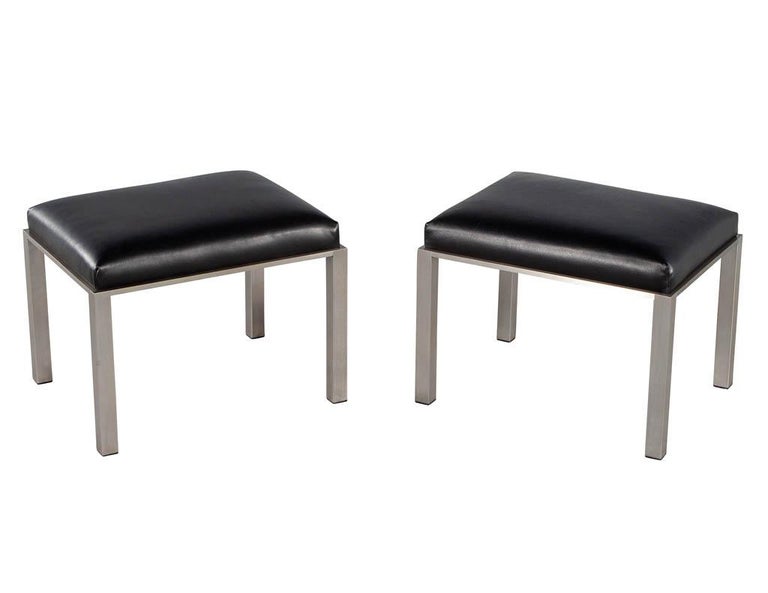 Pair of Mid-Century Modern Black Leather Metal Lounge Chairs with Ottomans For Sale 13