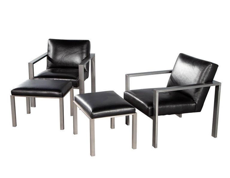American Pair of Mid-Century Modern Black Leather Metal Lounge Chairs with Ottomans For Sale