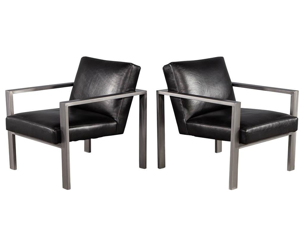 Pair of Mid-Century Modern Black Leather Metal Lounge Chairs with Ottomans For Sale 1