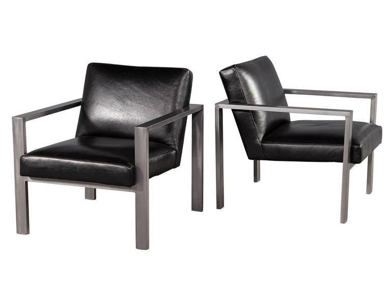 Pair of Mid-Century Modern Black Leather Metal Lounge Chairs with Ottomans For Sale 2